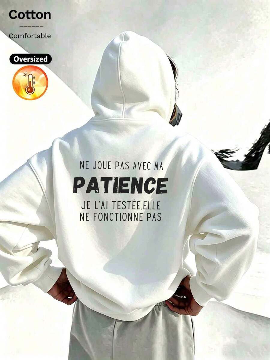 2026 Fall Winter Custom Loose White Hoodie For Women, Black French Text Print Back, Minimalist Y2K Style - White - View 1
