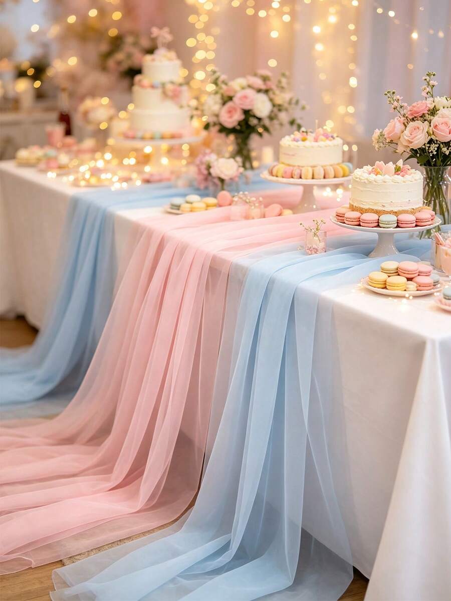 1pc Pink & Blue Tulle Table Runner - Gender Reveal Party Decoration ...