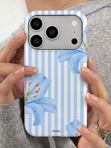 可愛春季花卉蝴蝶結貝殼圖案手機殼，適用於 iPhone 17 Pro Max 16 15 14 13 12 11 Pro Max，可愛花朵防震軟殼後蓋 - 藍百合條紋 - 查看 3
