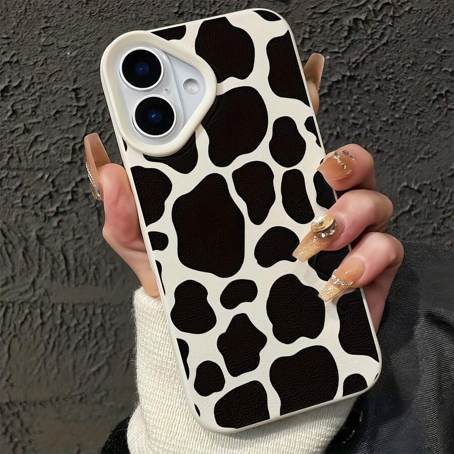 1pc White Matte Minimalist Lens Protection Vintage Cow Print Pattern Phone Case, Personalized Compatible With Iphone 16 Pro Max/17/16/15/14 Plus/13/12/11/Air, Compatible With Samsung Series - Multicolor - View 1