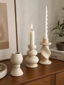 1pc Cream Resin Conical Candle Holder, Sculptural Modern Nordic Style, Suitable For Romantic Dining Table, Home Decor, Wedding Centerpiece And Creative Gift - Sandstone Style - View 1