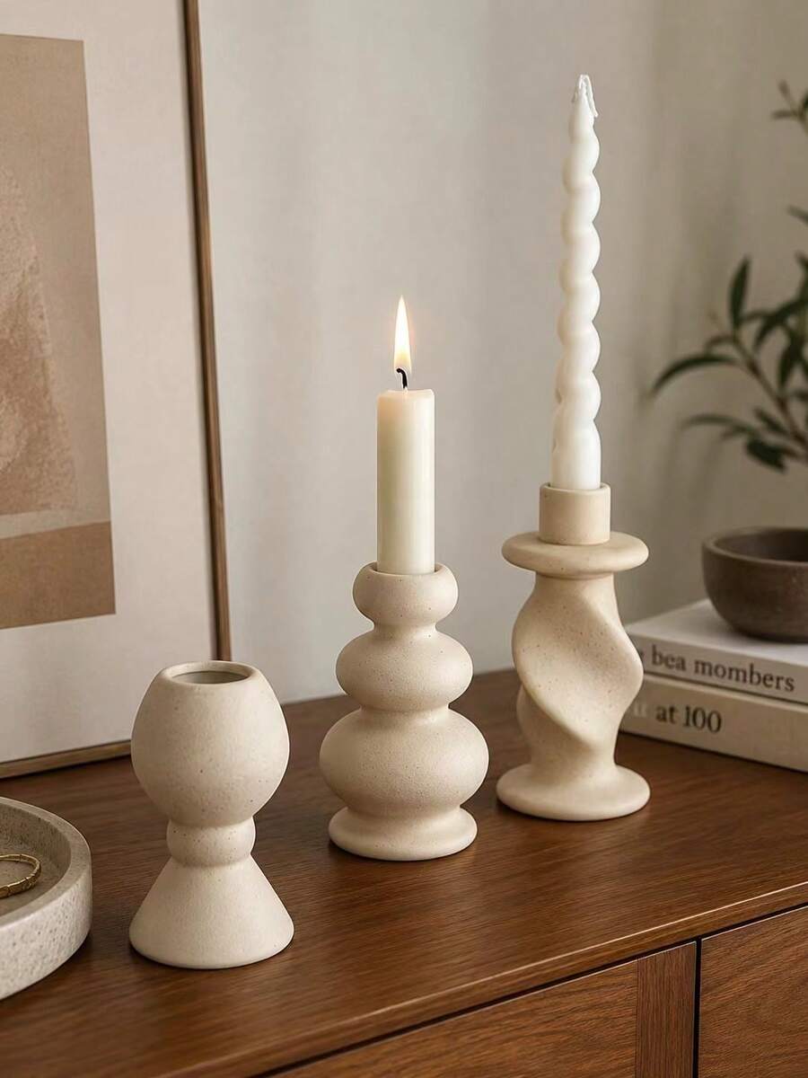 1pc Cream Resin Conical Candle Holder, Sculptural Modern Nordic Style, Suitable For Romantic Dining Table, Home Decor, Wedding Centerpiece And Creative Gift - Sandstone Style - View 1