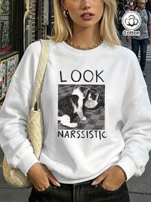 Relaxed Fit Round Neck Pullover Sweatshirt For Young Adults With Cat Photo Print & Letter Graphics, Breathable Casual Top For Spring - White - View 3