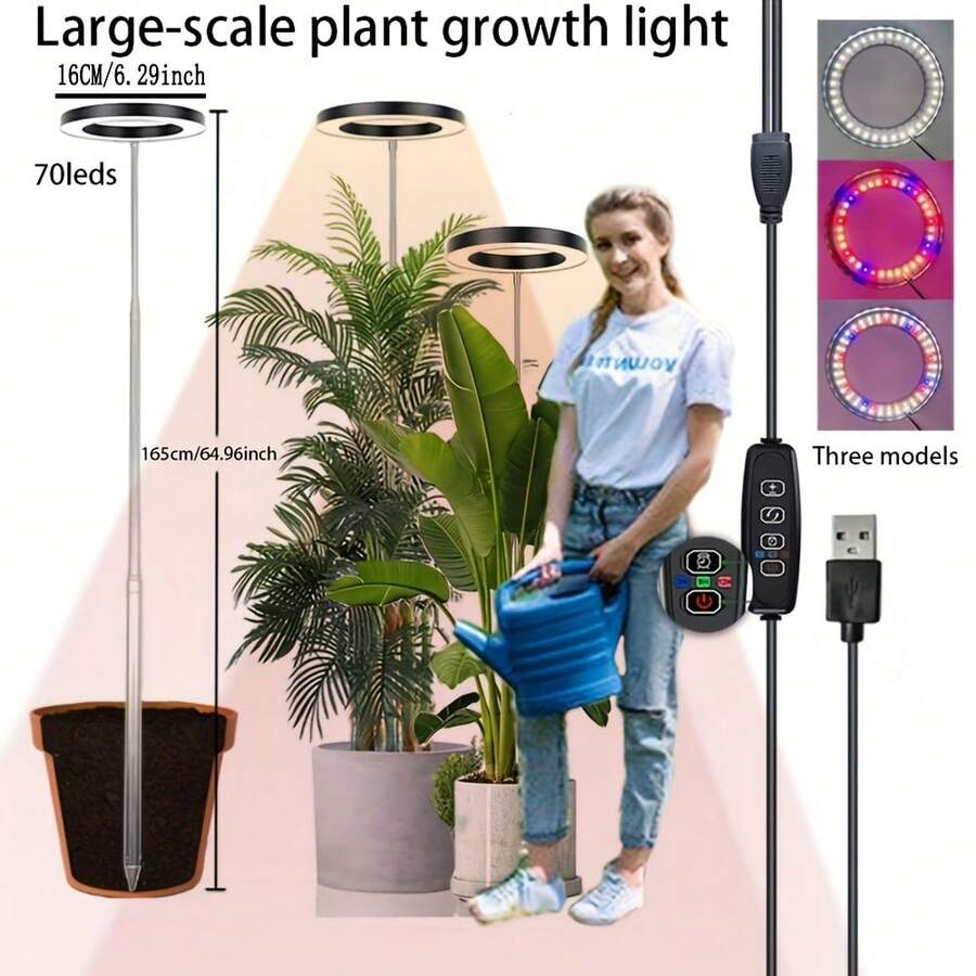 1Pc USB-Powered Full-Spectrum Plant Grow Light-A Modern, Circular Floor Lamp Suitable For All Kinds Of Potted Plants; Features A Timer Function And Multiple Spectrum Modes; Perfect For Succulents And An Ideal Gift For Plant Enthusiasts. - Large Grow Light - View 1