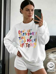 Women's Relaxed Fit Casual Crew Neck Sweatshirt With Colorful Letter Print, Soft Cotton Long Sleeve Pullover For Everyday Spring & Autumn Fashion - White - View 3