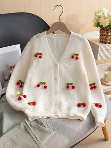 Girls' Sweet Cute 3D Cherry Decor Solid Color V-Neck Long Sleeve Button-Up Knit Cardigan Sweater Jacket, Suitable For Daily Casual, School, Vacation, Spring, Autumn, Winter - Apricot - View 2
