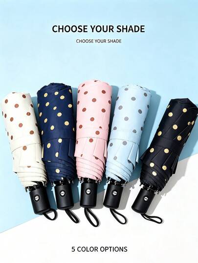 Vintage Polka Dot Folding Umbrella, Black Coated Dual-Use Sun Umbrella, Outdoor Commute Handheld Umbrella, Shopping Travel Accessory, Women's Fashion Product, Suitable For Daily Outings, Short Trips, Beach Visits And Street Strolls