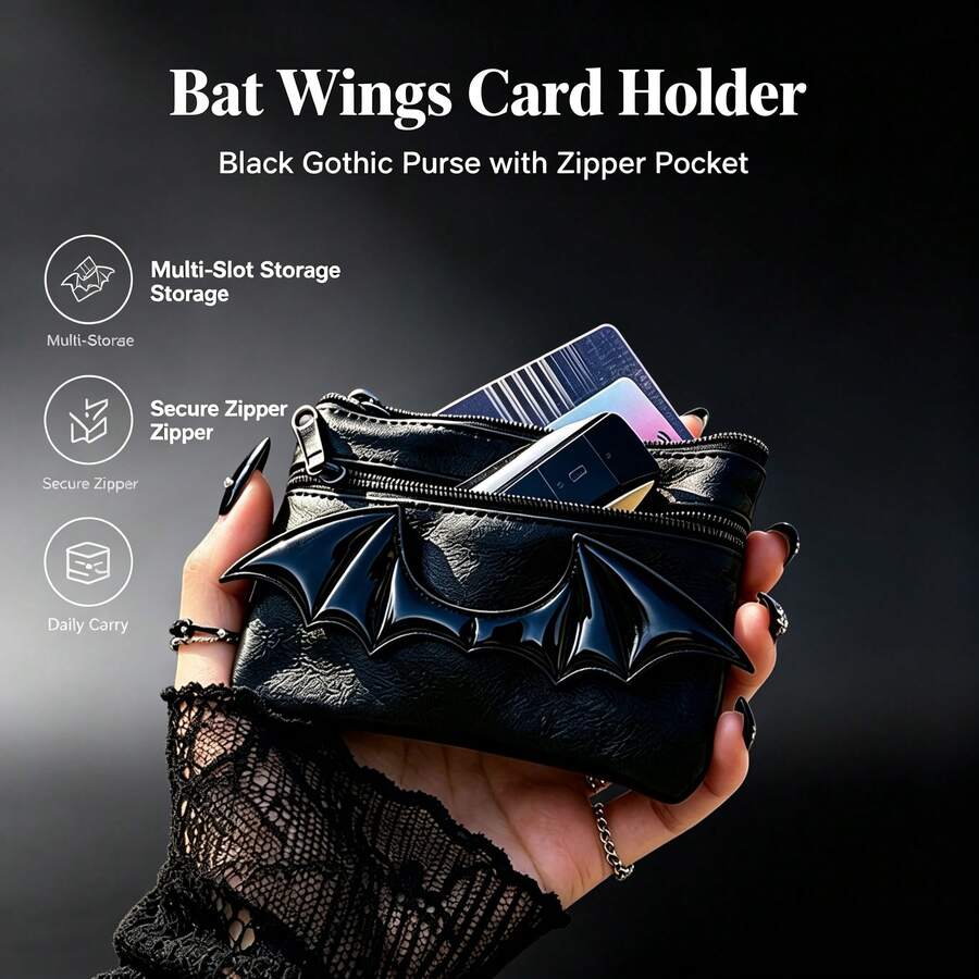 Halloween Punk Gothic Bat Wing Multi Purpose Data Cable Storage Bag,Wallet, 4 Zipper Layers Ultra Slim Portable Coin Purse, Multi-Pocket Small Storage Pouch, Lightweight Pocket Bag For Cards Coins Keys, Fashion Daily Carry Accessory ,Halloween Gift - Dark 3D Bat Wing Storage Bag Series - View 1