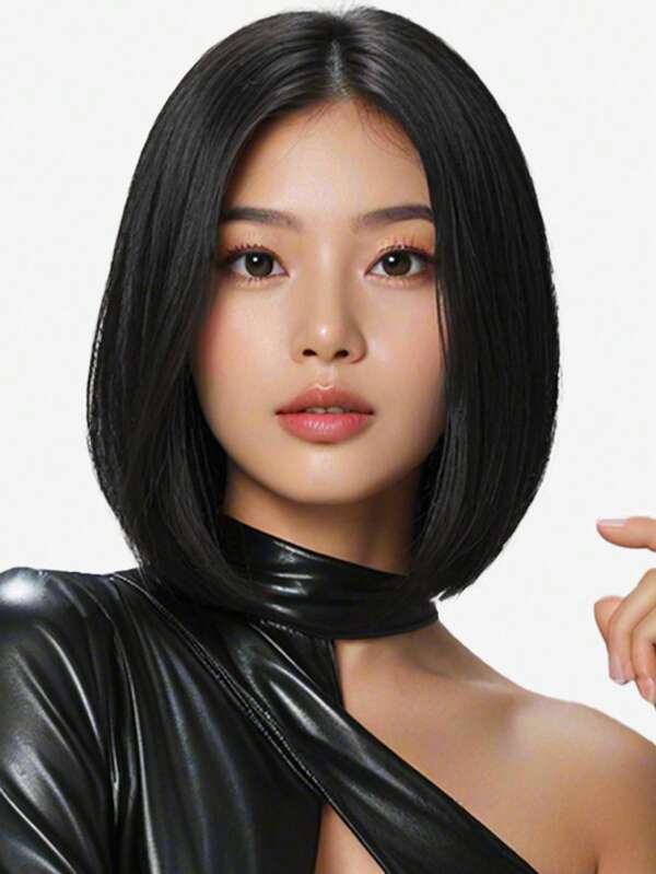 Wig Wanita Hitam Belahan Tengah 12 Inci, Gaya Alami, Cocok untuk Sehari-hari, Pesta, dan Acara Formal