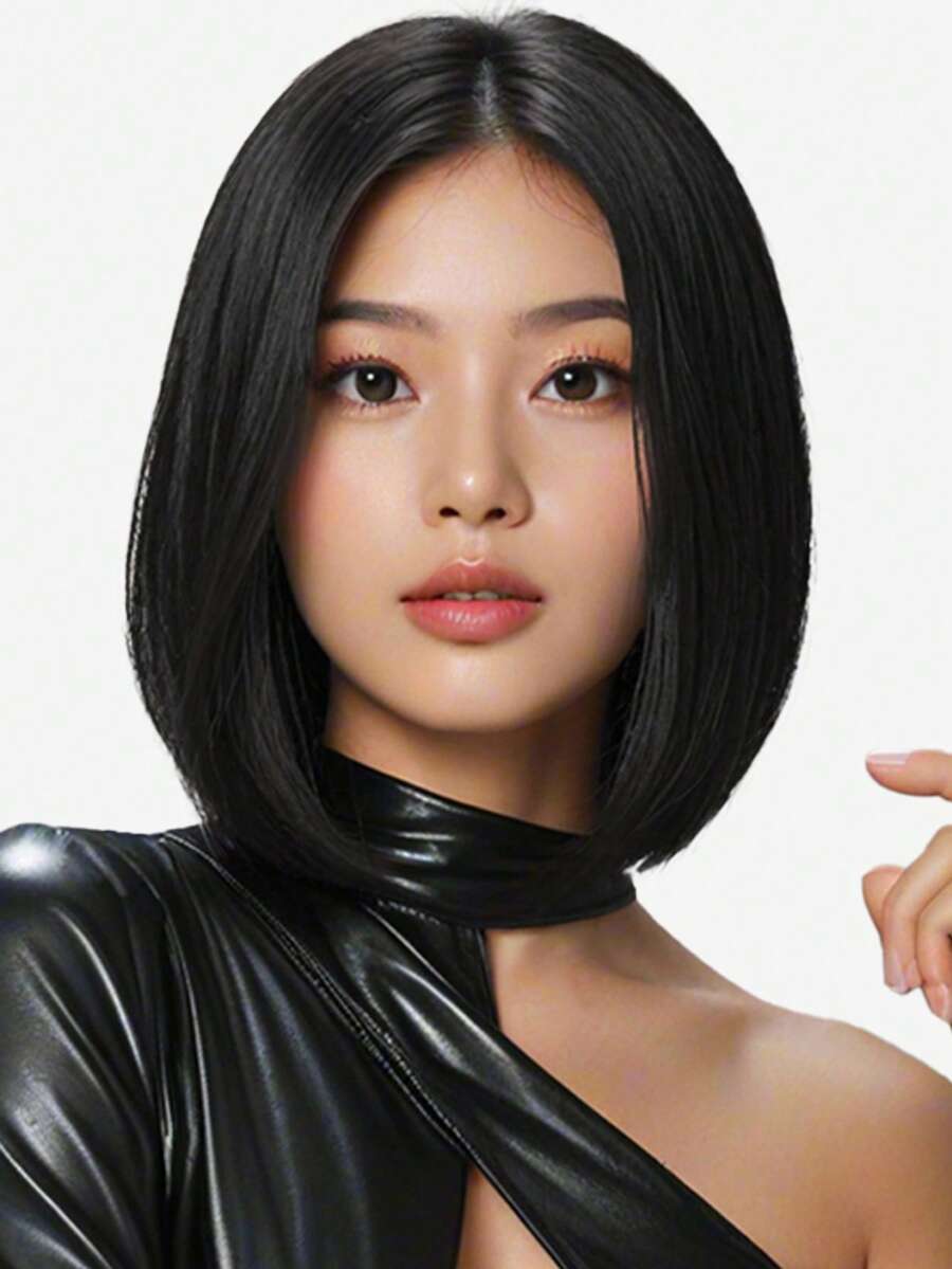 12 Inch Black Middle Part Women's Wig, Natural Style, Suitable For Daily, Party And Ball Occasions,Halloween - Black - View 1