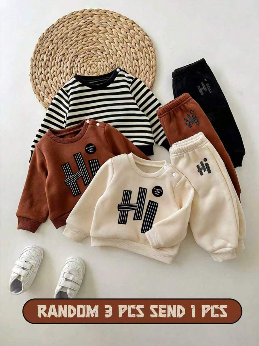 Randomly Sent 1 Set, Newborn Baby Boy Cute Casual Letter Print Sweatshirt And Elastic Waist Pants, Autumn/Winter - Multicolor - View 1