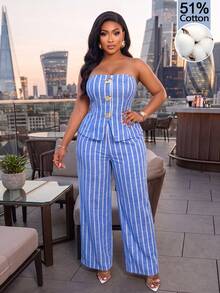 AIJ Amarilo Autumn Plus Size Casual Women's Blue Striped Bandeau Front Button Top And Wide Leg Pants 2 Pieces Set, Suitable For Party, Daily, Commute, Holiday Wear - Light Blue - View 3