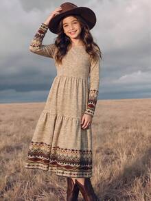 Tween Girls' Bohemian Style Positioned Print Long Sleeve Long Dress, Autumn Outing First Choice, Autumn/Winter Outfit, All Seasons Available - Multicolor - View 2