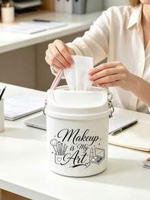 Portable Printed Makeup Storage Bucket With Lid, Large Capacity Cross‑Body Cosmetic Organizer, Dust‑Proof For Lipstick Brushes Eyeshadow Palette, Desktop Bathroom Dorm Vanity Storage For Girls Makeup Lovers, Back‑To‑School Gift - Multicolor - View 7