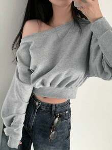 Women's Casual Long Sleeve Cold Shoulder Loose Fit Versatile Sweatshirt Tops, Niche Style, Autumn/Winter - Grey - View 5