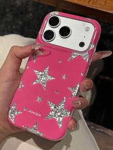 Premium Laser Full Screen Star Polka Dot Blingbling Irregular Rhinestone Sequin Pattern Phone Case Compatible With IPhone 18 Pro Max 18 Pro 17 Pro Max 16 Pro Max 15 Pro Max 14 Pro Max 13 Pro Max 12 Pro Max 16 Plus 11 Y2K Hanging Rope Lanyard Soft Cover - Hot Pink - View 3