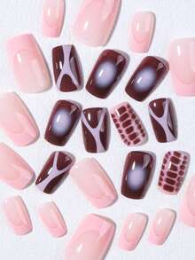 24pcs Short Square Blooming Nails And Brown Nails, Leopard Print French Manicure, Perfect Fit Fake Nails. Set Includes: 1pc Jelly Glue And 1pc Nail File, Suitable For Women And Girls Daily Wear - Multicolor - View 5