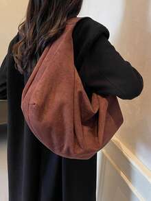1件大容量純色麂皮手提包，女款休閒單肩包，時尚斜挎包，適合女性日常使用 - 咖啡棕 - 查看 4