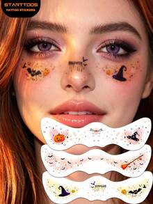 3pcs Halloween Face Decoration Freckles Blush Pumpkin Bat Ghost Witch Pattern Creative Face Paint Halloween Makeup Tattoo Stickers - Multicolor - View 1