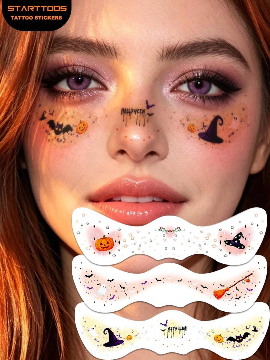 3pcs Halloween Face Decoration Freckles Blush Pumpkin Bat Ghost Witch Pattern Creative Face Paint Halloween Makeup Tattoo Stickers - Multicolor - View 1