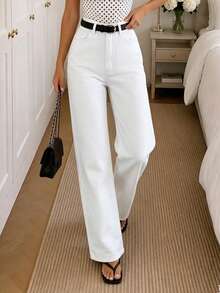 White Washed Denim Straight Leg Jeans For Women, Casual Extra Long With Button And Pockets, Medium Stretch Fabric - White - View 2