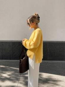 Women's French Fresh Round Neck Knit Cardigan, Spring/Autumn Raglan Sleeve Single-Breasted Loose Lazy Yellow Lightweight Sweater - Yellow - View 5