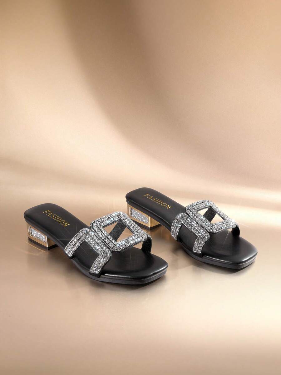 Etoivie Light Luxury Rhinestone H-Shaped Low Heel Sandals For Women, Square Toe Slides With Chunky Heel Halloween - Black - View 1