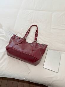 1pc Women's Solid Color PU Shoulder Tote Bag, Large Capacity, European And American Minimalist Style, Suitable For Commuting, Shopping, Gift Giving - Burgundy - View 5