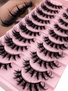 10 Pairs Spiky Frizzy False Eyelashes, D-Curl Fluffy Russian Strip Lashes, 3D Mink-Like Dense Cat Eye Lashes, Long Messy Fox Eye Eyelash Extensions Set, Full Lash Strips For Lengthening And Volumizing Outer Corners, Makeup Practice Lashes For Personal Use, Reusable For Prom And Wedding - Black - View 2
