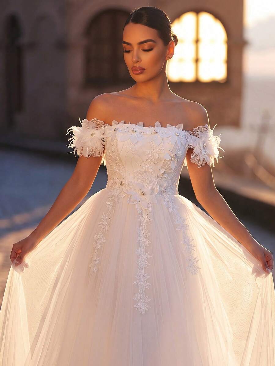 EVERPRETTY Luxury White Wedding Dress, Elegant Cold Shoulder Sleeveless, Applique Pearl Decoration, Suitable For Palace, Church, Garden Weddings - White - View 1