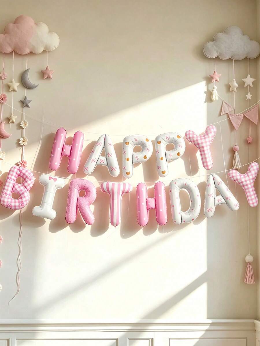 13pcs 16 Inch Fabric Happy Birthday Letter Balloon Set, Suitable For Birthday Party, Baby Shower, Theme Party, Princess Theme Party Decoration - Multicolor - View 1