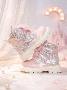 1 Pair Girls' Bowknot Rhinestone Princess Ankle Boots, Silver Pink Glitter + Mesh Bowknot Dual Hook & Loop Design, Dreamy Princess Style Boots, Suitable For School, Festivals, Parties, Autumn/Winter New - Pink - View 4