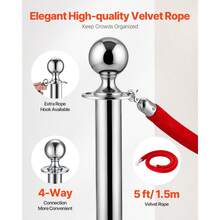 Stanchion Post, 6 Pcs Crowd Control Barrier Set With 3 Red Velvet Ropes, 5 Ft Stainless Steel Silver Stanchion Post Queue With Sand Injection Hollow Base For Theater, Party, Wedding, Exhibition - 6 Pcs - View 6