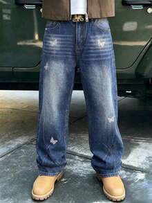 Men's Loose Straight Leg Denim Jeans With Rhinestone Butterfly Decor, American Street Style, Mid-Waist, Washed Gradient Blue, Casual Daily Wear, Party - Blue - View 4