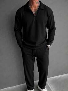 Black Waffle Knit Half-Zip Sweatshirt & Wide Leg Sweatpants 2 Pieces Set, Men's Textured Casual Sportswear - Black - View 1