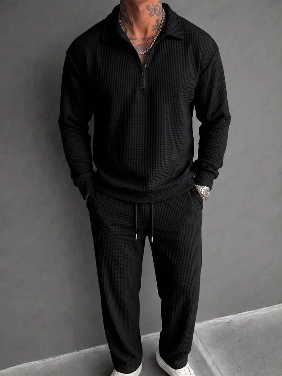 Black Waffle Knit Half-Zip Sweatshirt & Wide Leg Sweatpants 2 Pieces Set, Men's Textured Casual Sportswear - Black - View 1