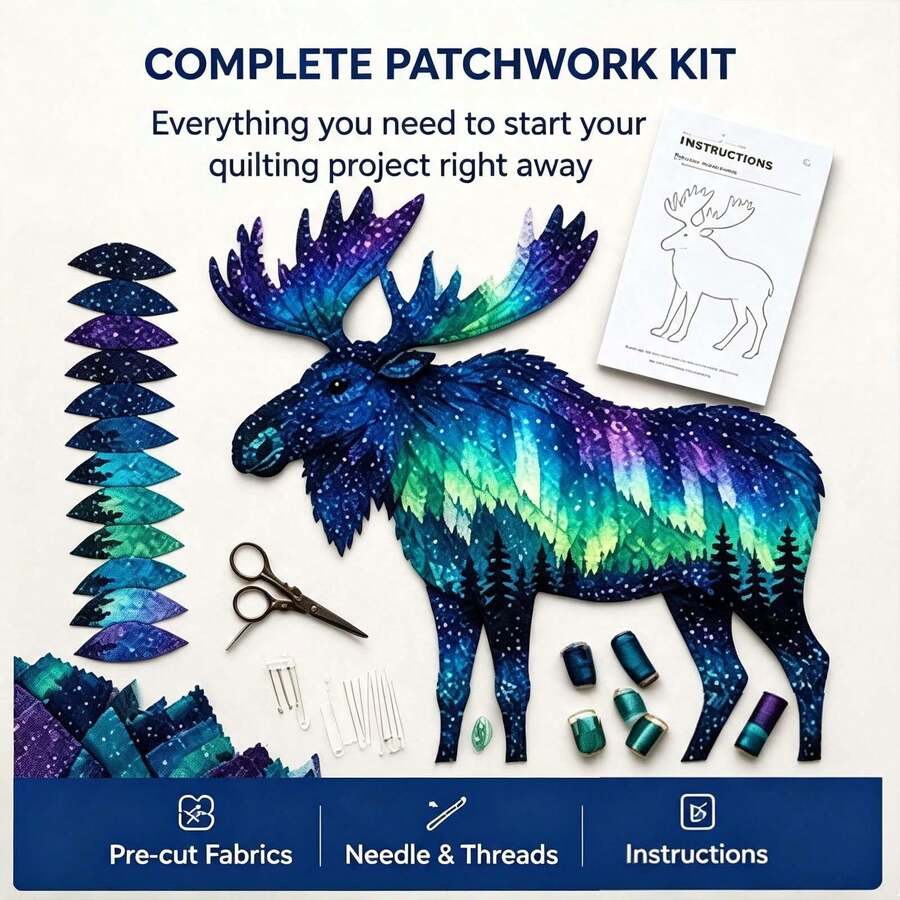 IAGREEA Kit Patchwork DIY Aurora Wildlife, Set Jahit Patchwork Cahaya Utara DIY, Bahan Bordir Kain Langit Berbintang yang Sudah Dipotong, Kit Dekorasi Dinding Buatan Tangan, Cocok Untuk Pemula Dan Dewasa, Hadiah Natal yang Sempurna - A - View 1