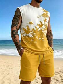 Men's Bird Print Crew Neck Tank Top And Shorts Casual Vacation Beach Set - Ginger - View 4