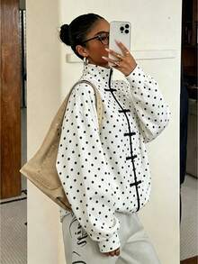 Jaket Polkadot Kancing Depan Gaya Cina Retro Elegan untuk Wanita, Jaket Kemeja Polkadot Blok Warna untuk Liburan Musim Gugur dan Musim Dingin, Cocok untuk Kembali ke Sekolah atau Liburan. - Putih - View 1