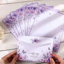 8 Pcs/Set (4 Envelopes + 4 Letter Papers) Dreamy Purple Floral Butterfly Envelope Letter Paper Set, Starry Moon Design Aesthetic Writing Stationery Scrapbook Craft Paper, Decorative Invitation Kit For Students Office School Party Supplies - Purple Moon Blossoms - View 4