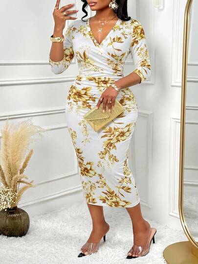BIUBIU Elegant Plus Size Gold Floral Print Bodycon Midi Dress, V-Neck Half Sleeve Wrap Dress, Stretchy Ruched Pencil Dress For Women,Perfect For Evening Wear