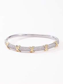 1pc Glam Two‑Tone Alloy Inlaid Cubic Zirconia Cross Knot Design Bangle Bracelet For Girls Teens Birthday Gift Wear - Multicolor - View 6