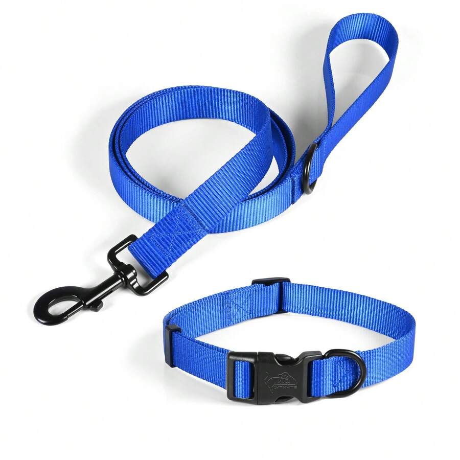 Dog Leash And Collar Set, Nylon Webbing Adjustable Collar With 5FT Walking Lead For Medium And Large Dogs - Blue - View 1
