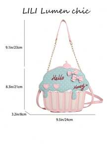 Shoulder Bag, Cupcake 3D Shape Polka Dot Print Bow Accessory Heart Patch Letter Embroidery Cream Drip Design Chain Splicing Adjustable Crossbody Strap Flap Snap Closure Lolita Style Cartoon Asymmetrical Shape Bag Sweet Girl Fun Small Bag - Pink - View 2