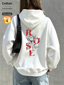 2026 Autumn Winter Custom Loose White Hoodie Women, Red Letter ROSE With Black And White Rose Floral Print Back Center, Y2K Style - White - View 10