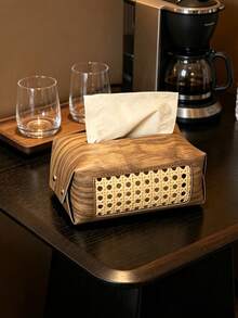 1pc Wood‑Grain Rattan Splicing Tissue Box Cover, Retro PU Leather Rectangular With Hollow Woven Panel & Snap Button, Dust‑Proof Storage Make Up Storage Organiser Desktop Decor, For Living Room Bedroom Hotel Daily Use All‑Season Household Ornament - Multicolor - View 6