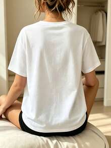 1pc Women's T-Shirt, Pink Butterfly Floral Art Print, White Round Neck Short Sleeve Pullover Versatile Top - Holiday Gift - White - View 3