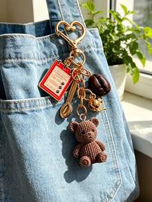 Coffee-Themed Bag Charm Keychain Featuring Coffee Bean & Coffee Menu Charms, Little Bear Cute Heart Clasp, Ideal Gift For Back To School Season - Multicolor - View 8