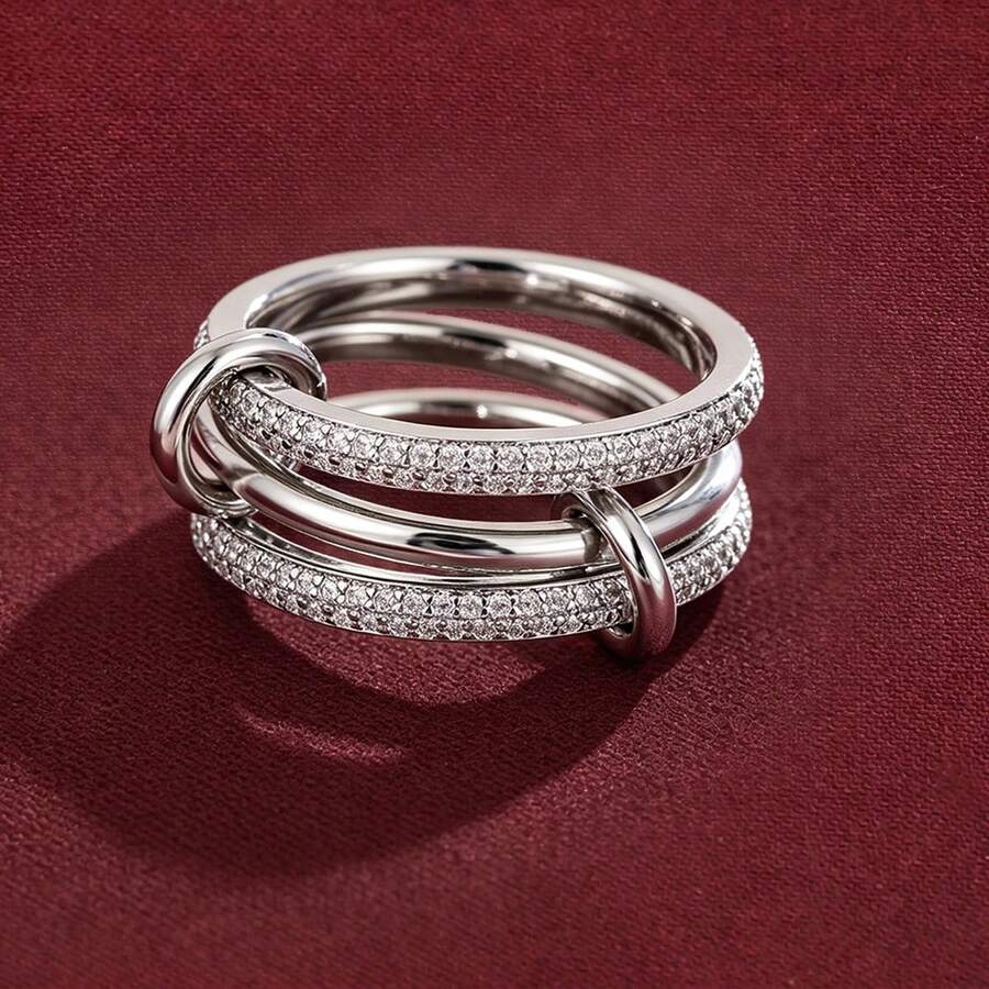 1pc Minimalist Round Ring With Double Row Cubic Zirconia Stones For Women - Multicolor - View 1