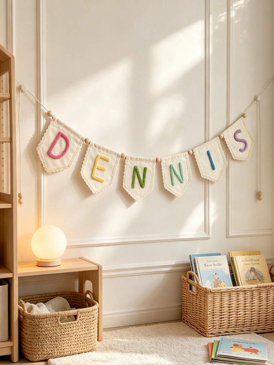 1pc Personalized Custom Name Banner, Handmade Crochet Yarn Letter Hanging Flag, Bohemian Style Neutral Linen Wall Hanging Decor, Birthday Party Decoration, Customizable Multi-Color Name Triangle Flag Bedroom Wall Decor, Commemorative Gift - Multicolor - View 1